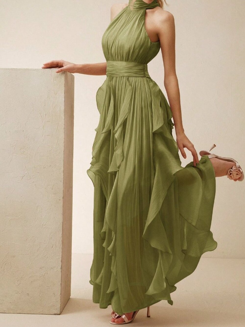 Green Elegant Women's Backless Ruffle Halter Neck Long Dress